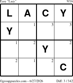 The grouppuzzles.com Easy Lacy puzzle for Saturday June 27, 2026 with the first 3 steps marked