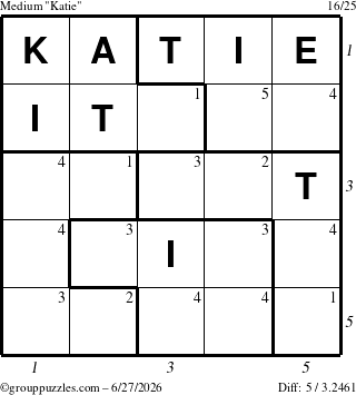 The grouppuzzles.com Medium Katie puzzle for Saturday June 27, 2026, suitable for printing, with all 5 steps marked