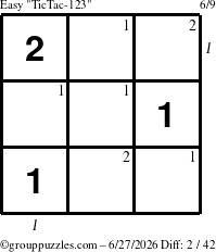 The grouppuzzles.com Easy TicTac-123 puzzle for Saturday June 27, 2026, suitable for printing, with all 2 steps marked