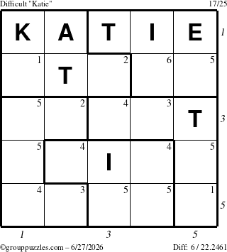 The grouppuzzles.com Difficult Katie puzzle for Saturday June 27, 2026 with all 6 steps marked