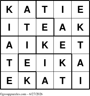 The grouppuzzles.com Answer grid for the Katie puzzle for Saturday June 27, 2026