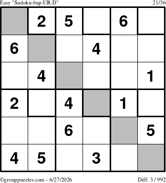 The grouppuzzles.com Easy Sudoku-6up-UR-D puzzle for Saturday June 27, 2026