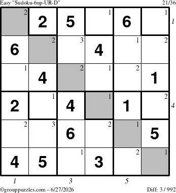 The grouppuzzles.com Easy Sudoku-6up-UR-D puzzle for Saturday June 27, 2026, suitable for printing, with all 3 steps marked