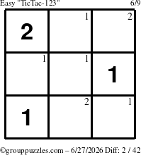 The grouppuzzles.com Easy TicTac-123 puzzle for Saturday June 27, 2026 with the first 2 steps marked