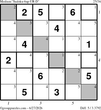 The grouppuzzles.com Medium Sudoku-6up-UR-D puzzle for Saturday June 27, 2026, suitable for printing, with all 5 steps marked