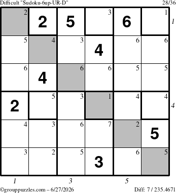 The grouppuzzles.com Difficult Sudoku-6up-UR-D puzzle for Saturday June 27, 2026 with all 7 steps marked