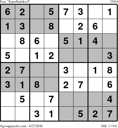The grouppuzzles.com Easy SuperSudoku-8 puzzle for Saturday June 27, 2026