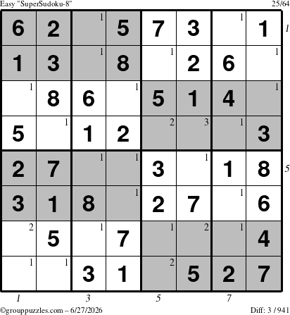 The grouppuzzles.com Easy SuperSudoku-8 puzzle for Saturday June 27, 2026, suitable for printing, with all 3 steps marked