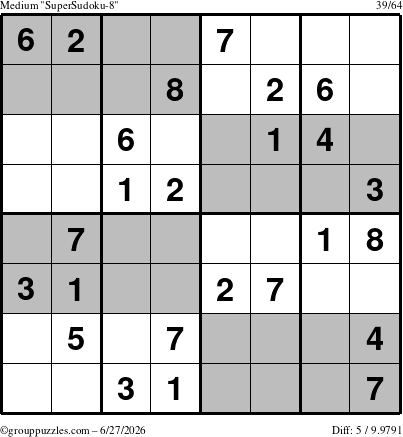 The grouppuzzles.com Medium SuperSudoku-8 puzzle for Saturday June 27, 2026