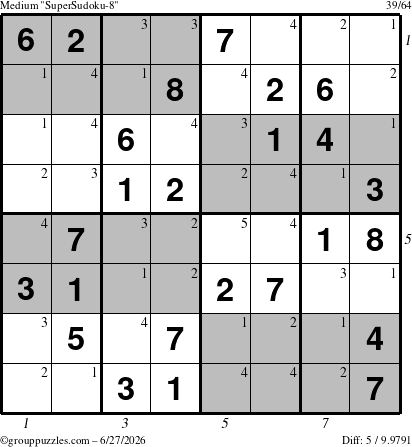 The grouppuzzles.com Medium SuperSudoku-8 puzzle for Saturday June 27, 2026 with all 5 steps marked