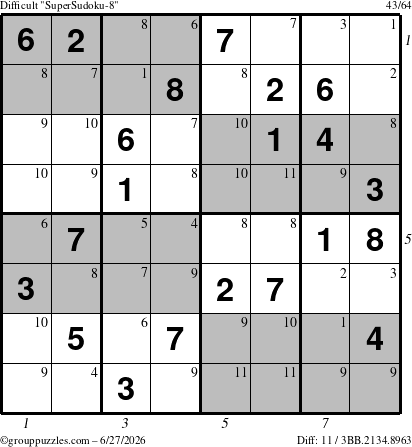 The grouppuzzles.com Difficult SuperSudoku-8 puzzle for Saturday June 27, 2026 with all 11 steps marked