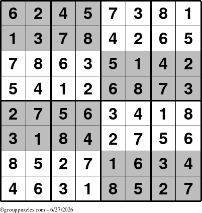 The grouppuzzles.com Answer grid for the SuperSudoku-8 puzzle for Saturday June 27, 2026