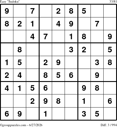 The grouppuzzles.com Easy Sudoku puzzle for Saturday June 27, 2026