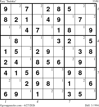 The grouppuzzles.com Easy Sudoku puzzle for Saturday June 27, 2026, suitable for printing, with all 3 steps marked