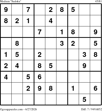 The grouppuzzles.com Medium Sudoku puzzle for Saturday June 27, 2026