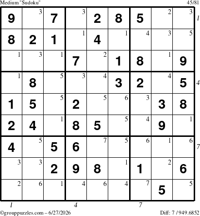The grouppuzzles.com Medium Sudoku puzzle for Saturday June 27, 2026 with all 7 steps marked