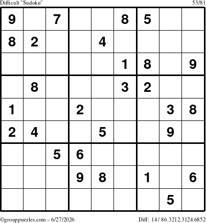 The grouppuzzles.com Difficult Sudoku puzzle for Saturday June 27, 2026