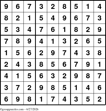 The grouppuzzles.com Answer grid for the Sudoku puzzle for Saturday June 27, 2026