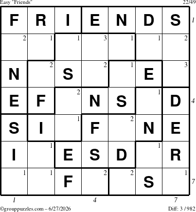 The grouppuzzles.com Easy Friends puzzle for Saturday June 27, 2026, suitable for printing, with all 3 steps marked