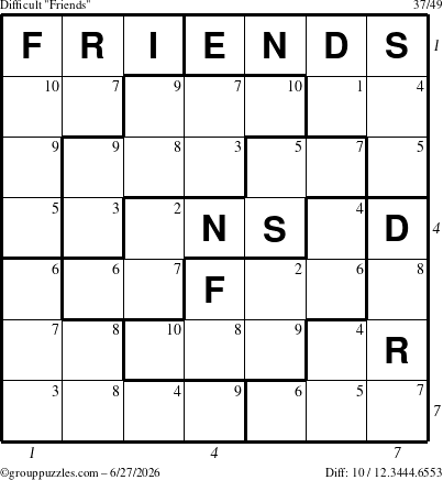The grouppuzzles.com Difficult Friends puzzle for Saturday June 27, 2026, suitable for printing, with all 10 steps marked
