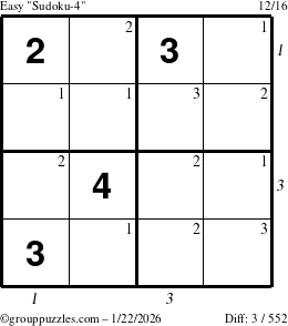 The grouppuzzles.com Easy Sudoku-4 puzzle for Thursday January 22, 2026, suitable for printing, with all 3 steps marked
