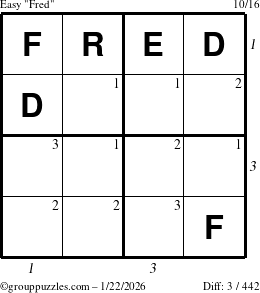 The grouppuzzles.com Easy Fred puzzle for Thursday January 22, 2026 with all 3 steps marked