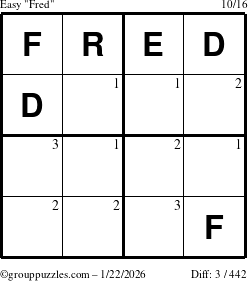 The grouppuzzles.com Easy Fred puzzle for Thursday January 22, 2026 with the first 3 steps marked