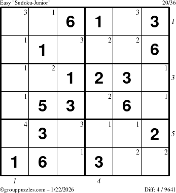 The grouppuzzles.com Easy Sudoku-Junior puzzle for Thursday January 22, 2026 with all 4 steps marked