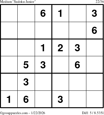 The grouppuzzles.com Medium Sudoku-Junior puzzle for Thursday January 22, 2026