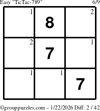 The grouppuzzles.com Easy TicTac-789 puzzle for Thursday January 22, 2026 with the first 2 steps marked