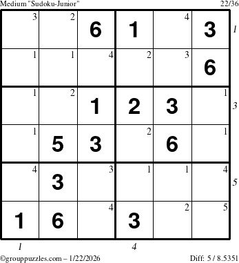 The grouppuzzles.com Medium Sudoku-Junior puzzle for Thursday January 22, 2026, suitable for printing, with all 5 steps marked