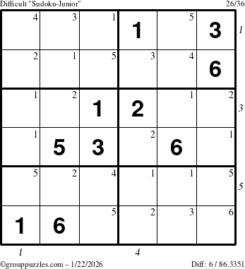 The grouppuzzles.com Difficult Sudoku-Junior puzzle for Thursday January 22, 2026, suitable for printing, with all 6 steps marked