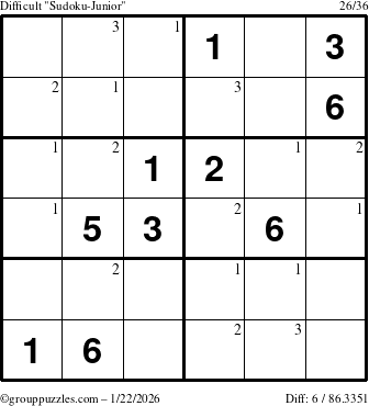 The grouppuzzles.com Difficult Sudoku-Junior puzzle for Thursday January 22, 2026 with the first 3 steps marked