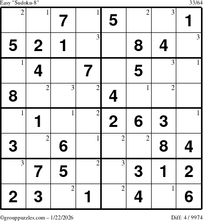 The grouppuzzles.com Easy Sudoku-8 puzzle for Thursday January 22, 2026 with the first 3 steps marked