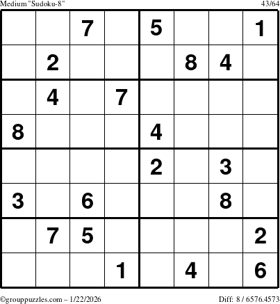 The grouppuzzles.com Medium Sudoku-8 puzzle for Thursday January 22, 2026