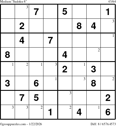 The grouppuzzles.com Medium Sudoku-8 puzzle for Thursday January 22, 2026 with the first 3 steps marked