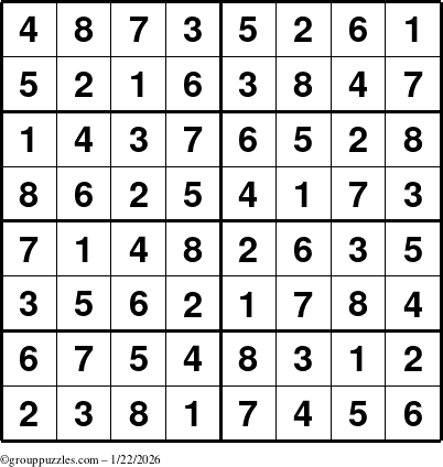 The grouppuzzles.com Answer grid for the Sudoku-8 puzzle for Thursday January 22, 2026