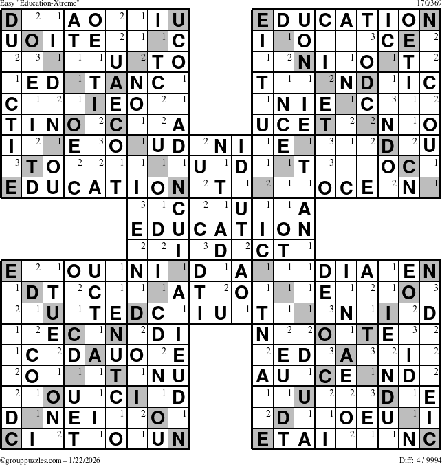 The grouppuzzles.com Easy Education-Xtreme puzzle for Thursday January 22, 2026 with the first 3 steps marked