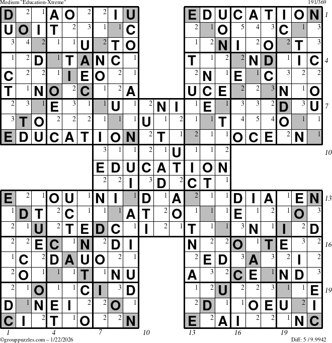 The grouppuzzles.com Medium Education-Xtreme puzzle for Thursday January 22, 2026 with all 5 steps marked
