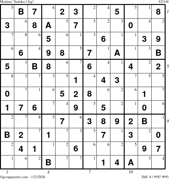 The grouppuzzles.com Medium Sudoku-12up puzzle for Thursday January 22, 2026 with all 8 steps marked