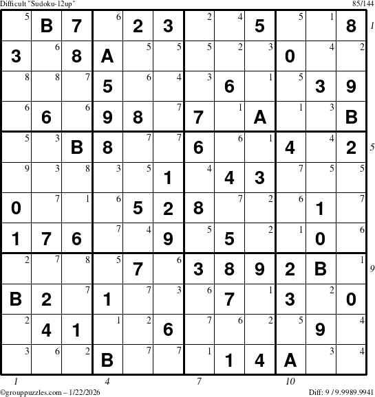 The grouppuzzles.com Difficult Sudoku-12up puzzle for Thursday January 22, 2026, suitable for printing, with all 9 steps marked
