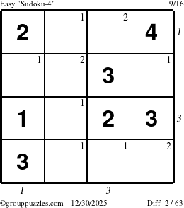 The grouppuzzles.com Easy Sudoku-4 puzzle for Tuesday December 30, 2025 with all 2 steps marked