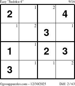 The grouppuzzles.com Easy Sudoku-4 puzzle for Tuesday December 30, 2025 with the first 2 steps marked