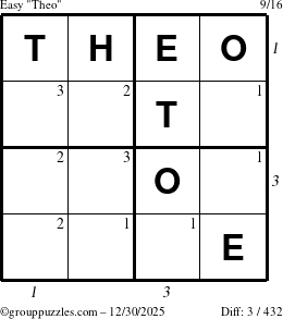 The grouppuzzles.com Easy Theo puzzle for Tuesday December 30, 2025 with all 3 steps marked