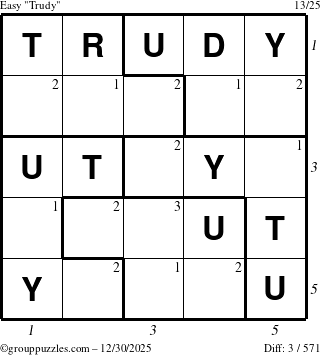 The grouppuzzles.com Easy Trudy puzzle for Tuesday December 30, 2025, suitable for printing, with all 3 steps marked