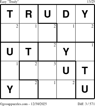 The grouppuzzles.com Easy Trudy puzzle for Tuesday December 30, 2025 with the first 3 steps marked