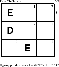The grouppuzzles.com Easy TicTac-DEF puzzle for Tuesday December 30, 2025, suitable for printing, with all 2 steps marked