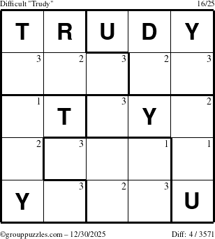 The grouppuzzles.com Difficult Trudy puzzle for Tuesday December 30, 2025 with the first 3 steps marked
