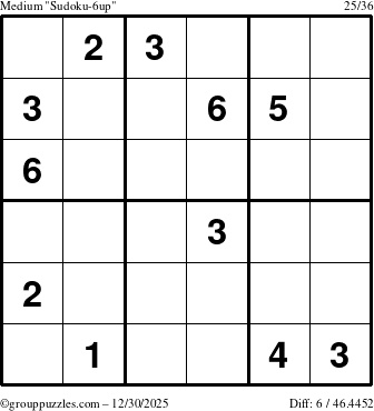 The grouppuzzles.com Medium Sudoku-6up puzzle for Tuesday December 30, 2025