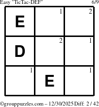 The grouppuzzles.com Easy TicTac-DEF puzzle for Tuesday December 30, 2025 with the first 2 steps marked